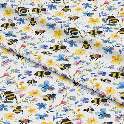 Watercolor Cute Bees and Flowers Pattern 15 Quilting Cotton Fabric