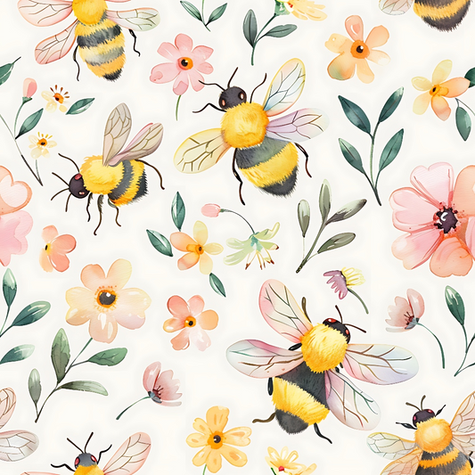 Watercolor Cute Bees and Flowers Pattern 16 Quilting Cotton Fabric