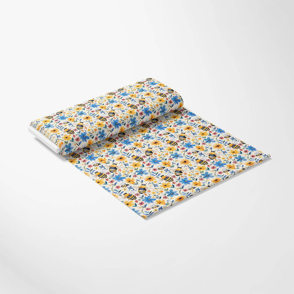 Watercolor Cute Bees and Flowers Pattern 1 Quilting Cotton Fabric