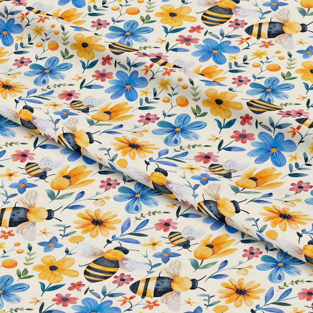 Watercolor Cute Bees and Flowers Pattern 1 Quilting Cotton Fabric