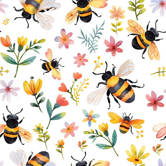 Watercolor Cute Bees and Flowers Pattern 2 Quilting Cotton Fabric