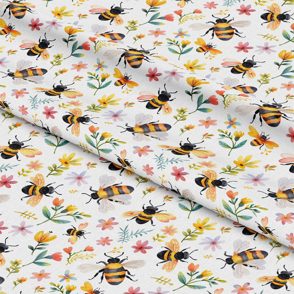 Watercolor Cute Bees and Flowers Pattern 2 Quilting Cotton Fabric