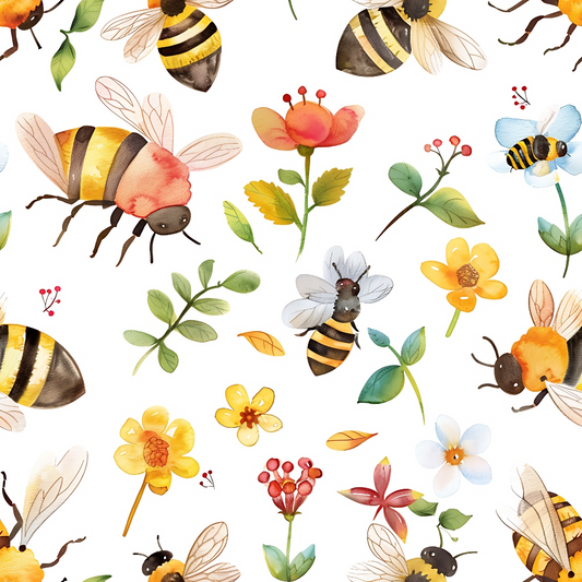 Watercolor Cute Bees and Flowers Pattern 4 Quilting Cotton Fabric