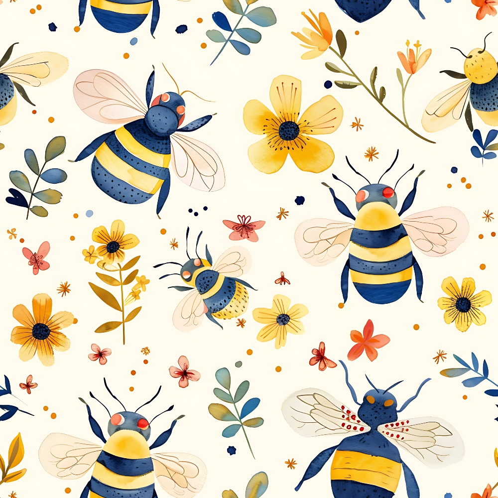 Watercolor Cute Bees and Flowers Pattern 5 Quilting Cotton Fabric