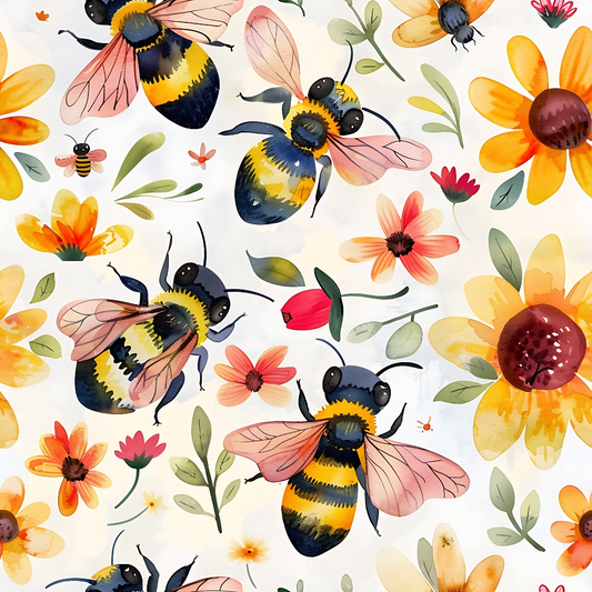 Watercolor Cute Bees and Flowers Pattern 6 Quilting Cotton Fabric