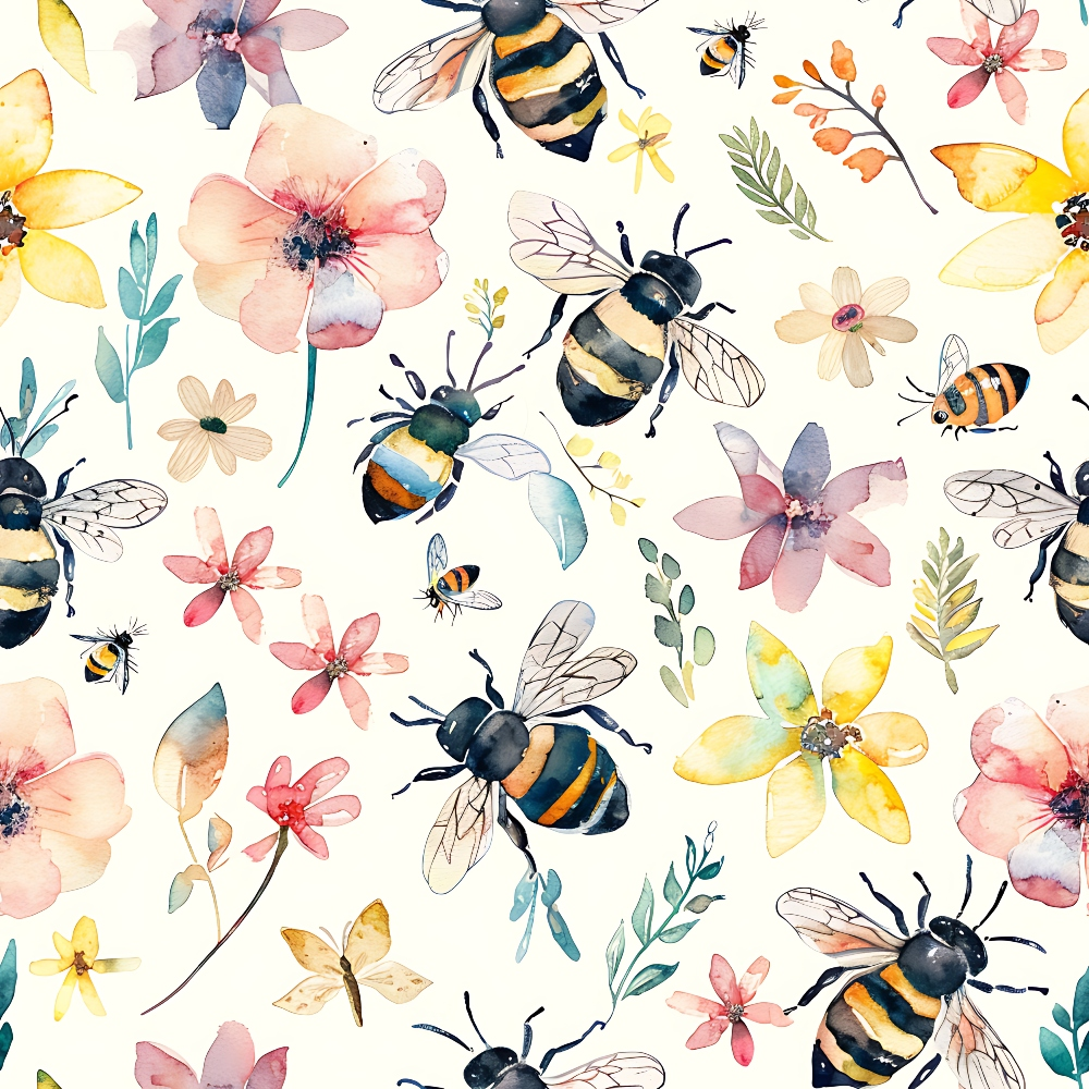 Watercolor Cute Bees and Flowers Pattern 8 Quilting Cotton Fabric