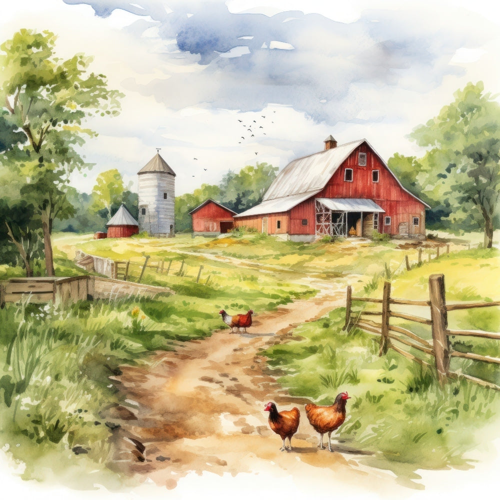 Watercolor Farm Life Fabric Panel 10