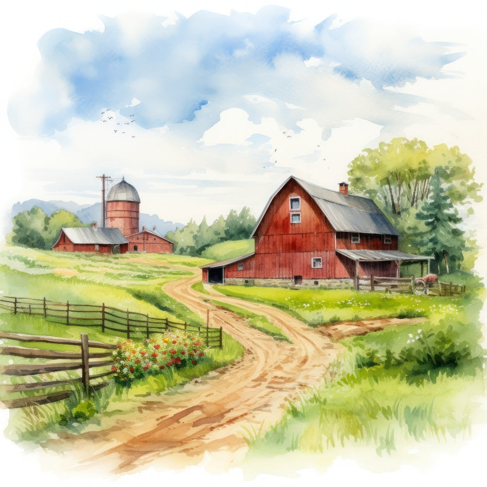 Watercolor Farm Life Fabric Panel 17