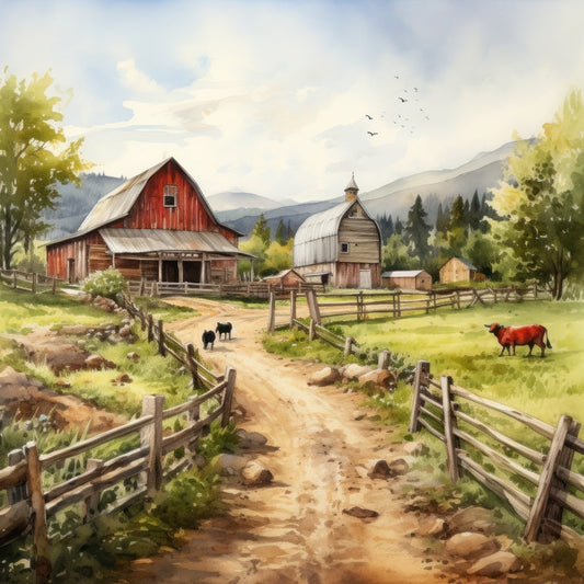 Watercolor Farm Life Fabric Panel 2