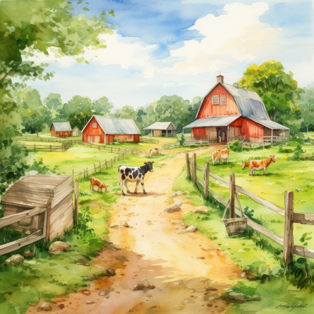 Watercolor Farm Life Fabric Panel 9