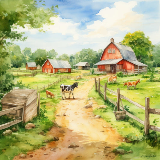 Watercolor Farm Life Fabric Panel 9