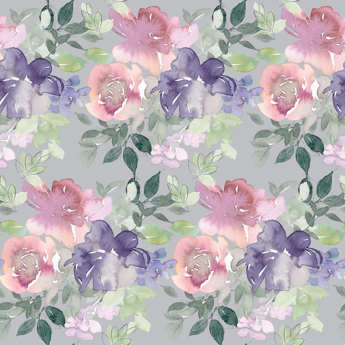 Watercolor Floral Art Pattern 1 Quilting Cotton Fabric, floral design, watercolor flowers, pink roses, purple blooms, green leaves, soft pastel colors, delicate texture, quilting material, cotton textile, floral print, fabric for sewing, patchwork quilting fabric, botanical motif, artistic fabric design.