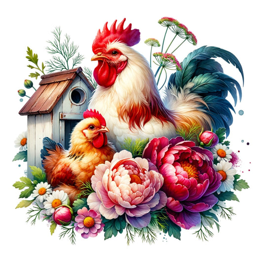 Watercolor Floral Chicken Fabric Panel 1