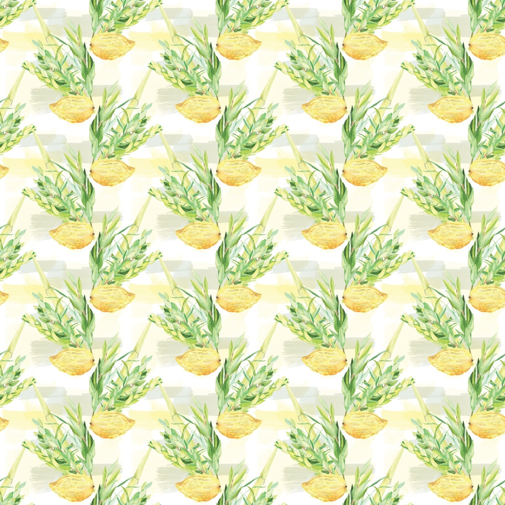 Repeated pattern of green leafy plants in round yellow pots on a light background.