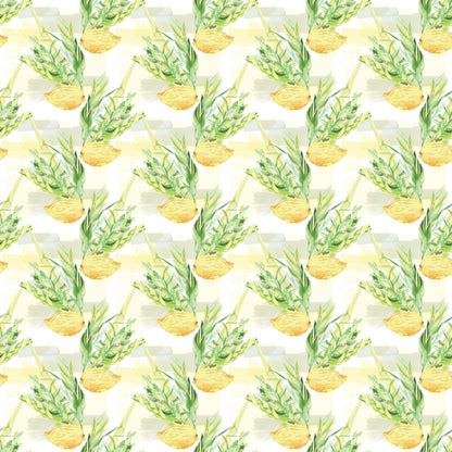 Repeated pattern of green leafy plants in round yellow pots on a light background.