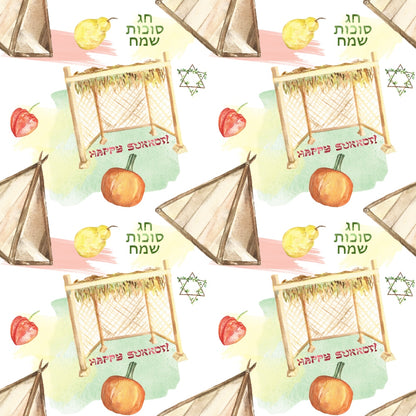 Watercolor Happy Sukkot Pattern 11 Quilting Cotton Fabric