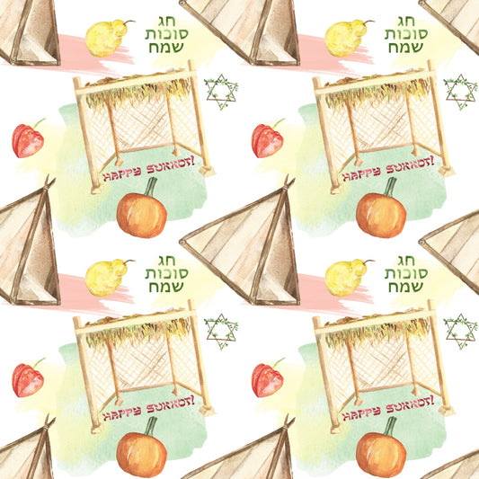 Watercolor Happy Sukkot Pattern 11 Quilting Cotton Fabric