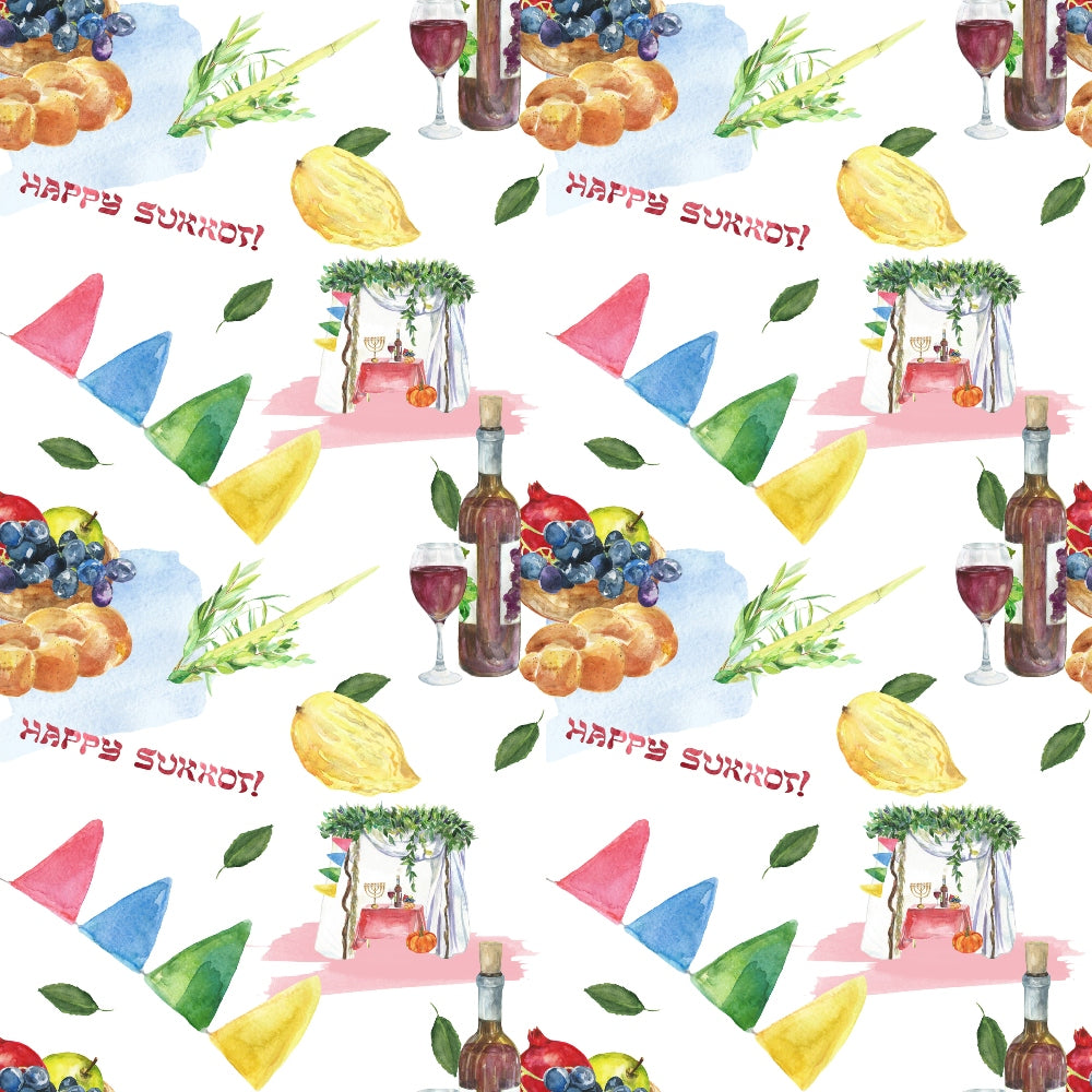 Watercolor Happy Sukkot Pattern 3 Quilting Cotton Fabric