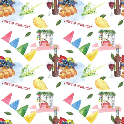 Watercolor Happy Sukkot Pattern 3 Quilting Cotton Fabric