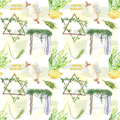 Watercolor Happy Sukkot Pattern 4 Quilting Cotton Fabric