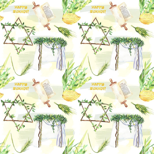 Watercolor Happy Sukkot Pattern 4 Quilting Cotton Fabric