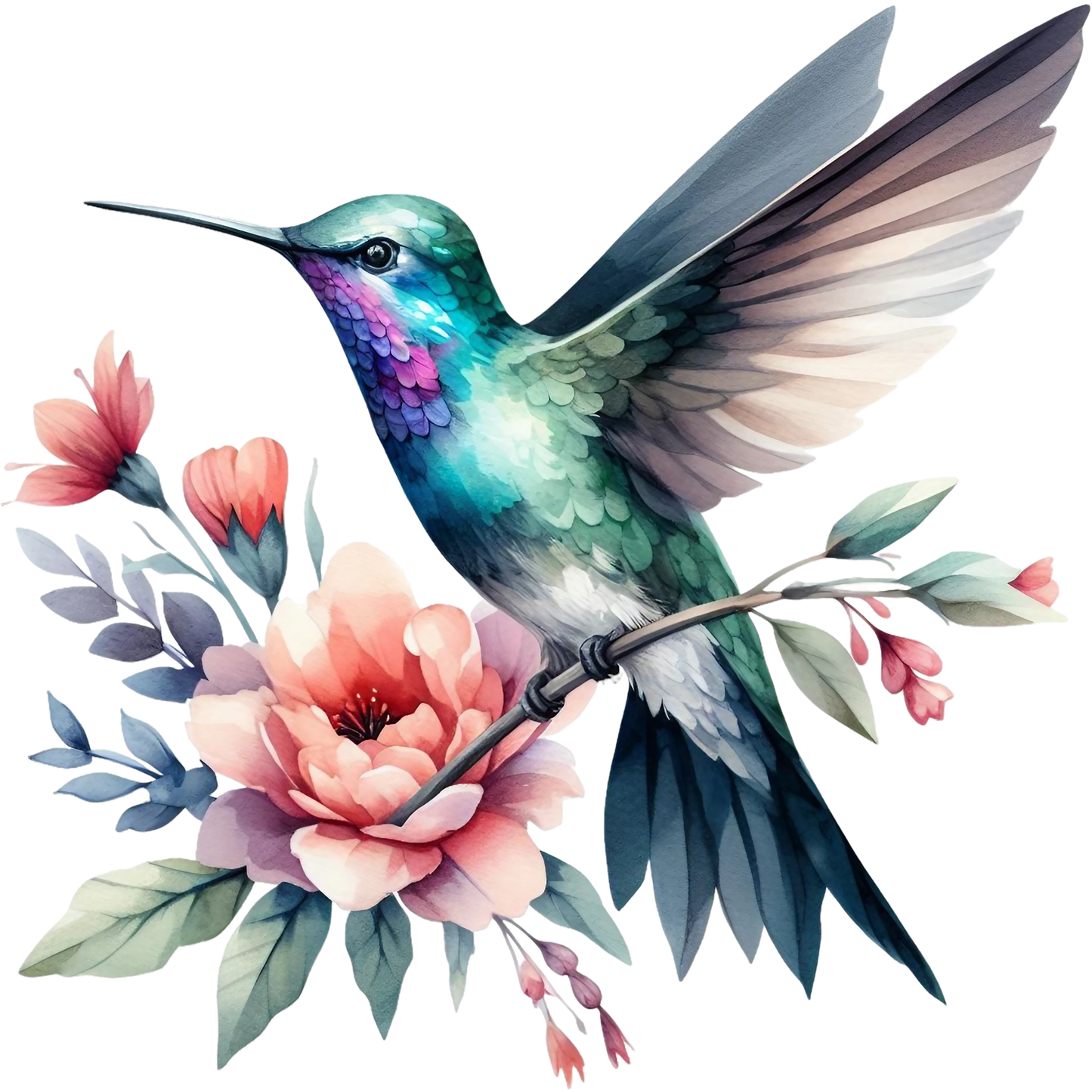 Watercolor Hummingbird Floral Fabric Panel 1