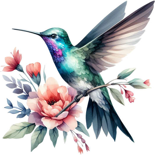 Watercolor Hummingbird Floral Fabric Panel 1