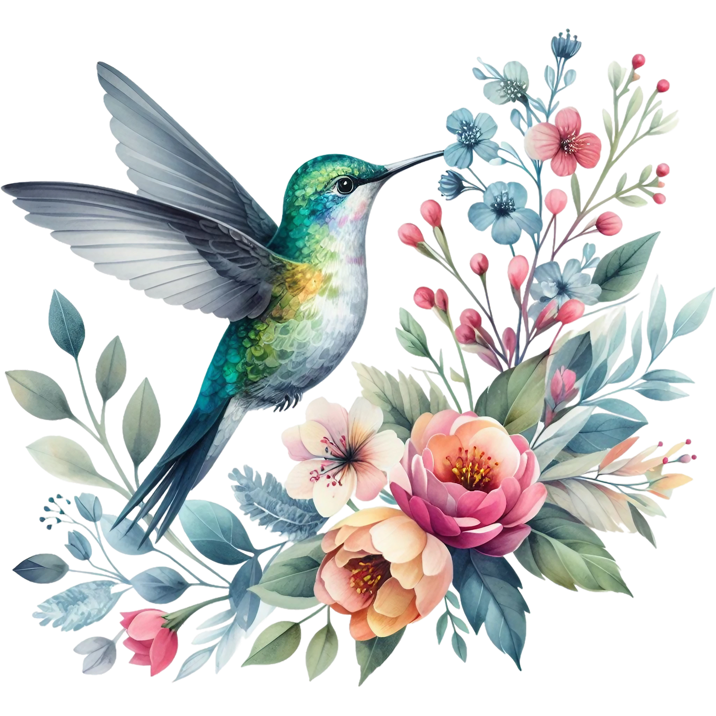 Watercolor Hummingbird Floral Fabric Panel 10