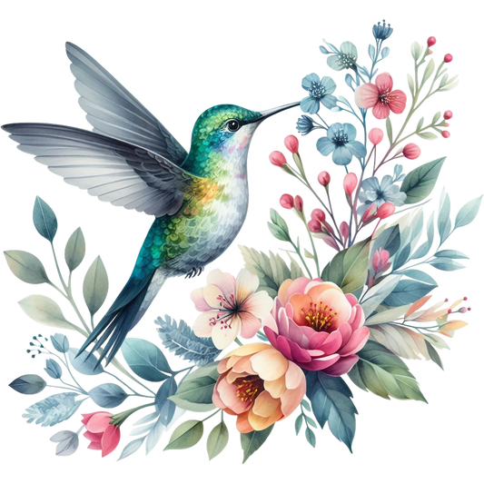 Watercolor Hummingbird Floral Fabric Panel 10