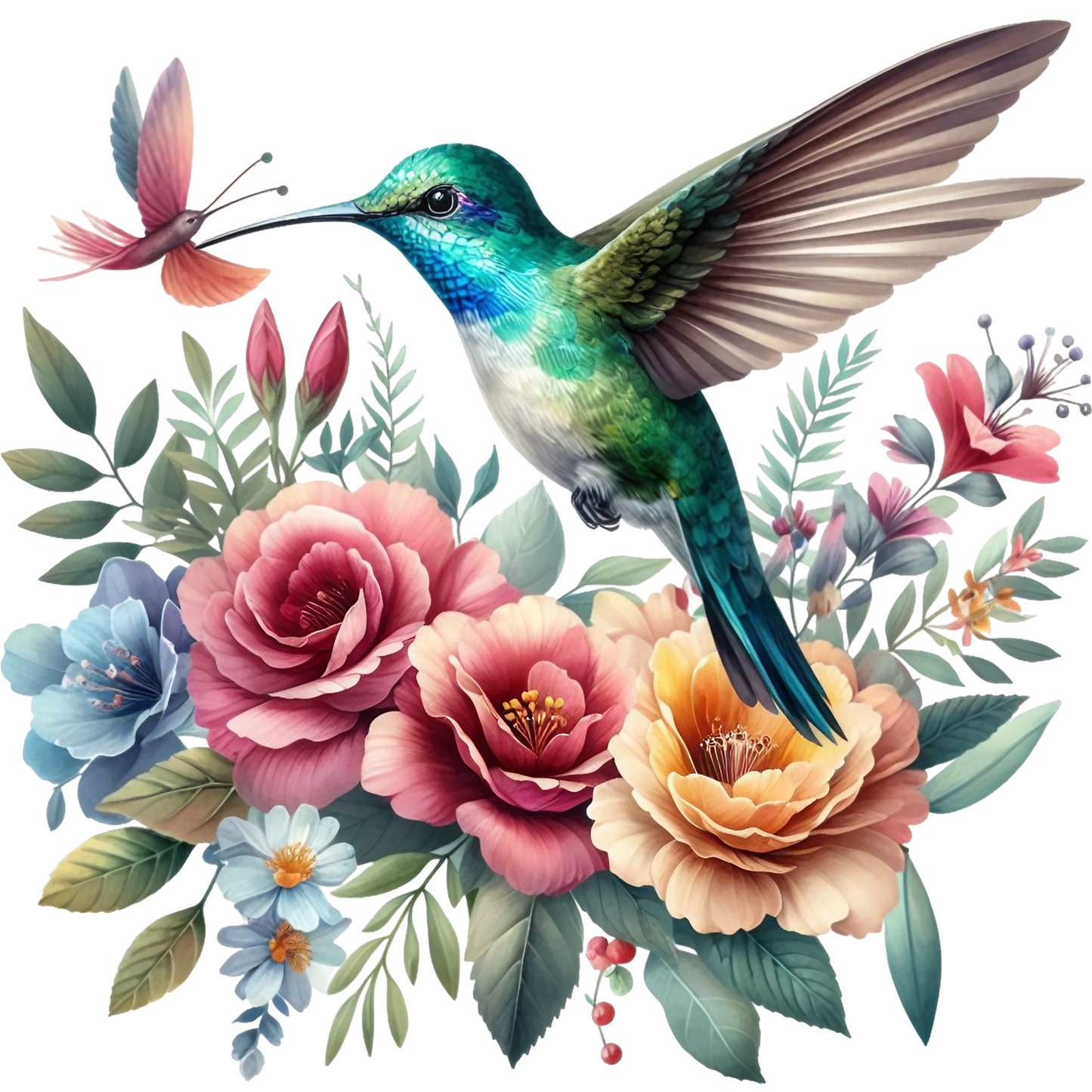 Watercolor Hummingbird Floral Fabric Panel 11