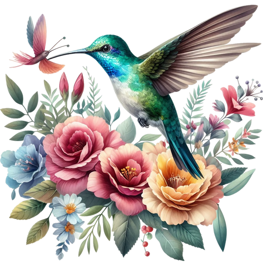 Watercolor Hummingbird Floral Fabric Panel 11