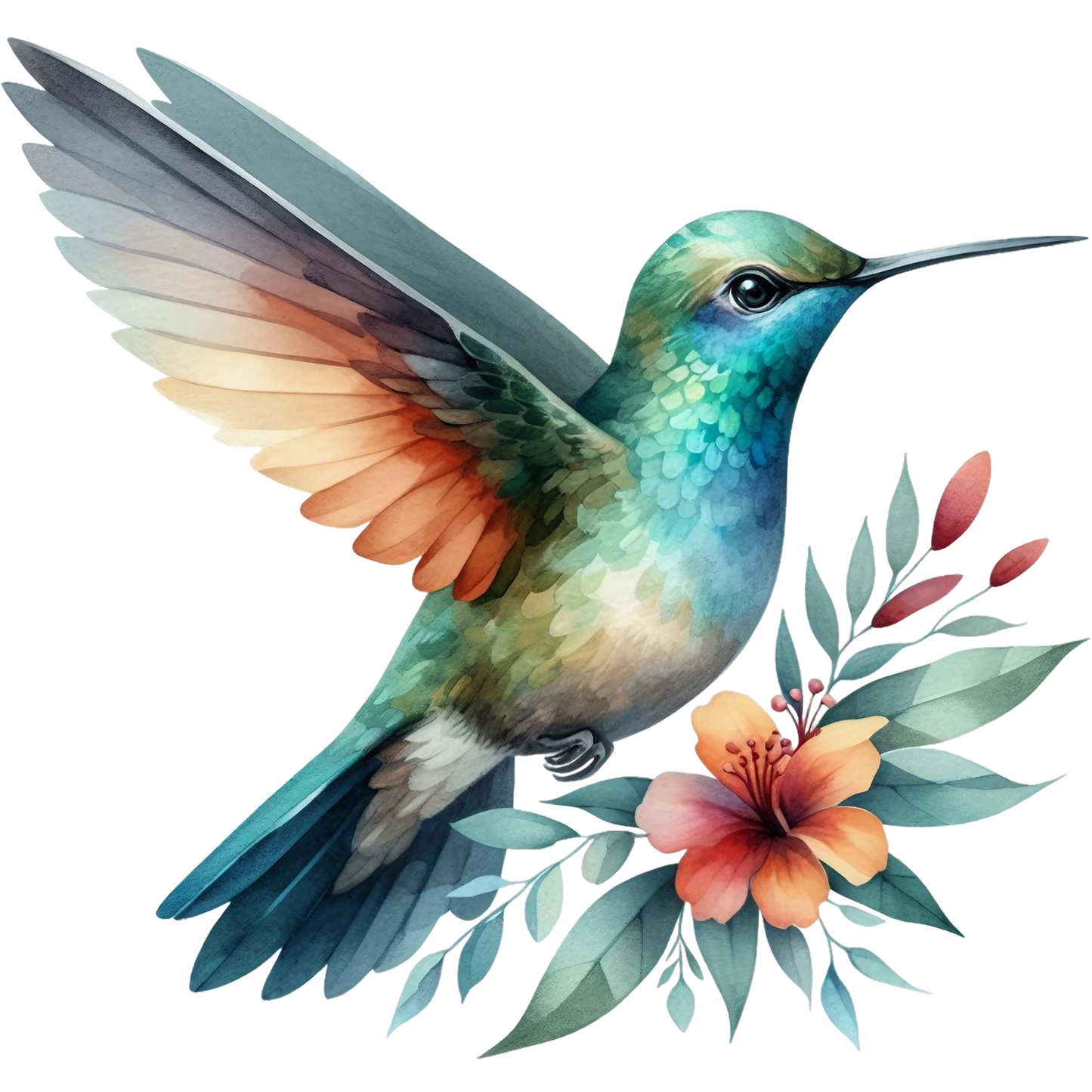 Watercolor Hummingbird Floral Fabric Panel 12