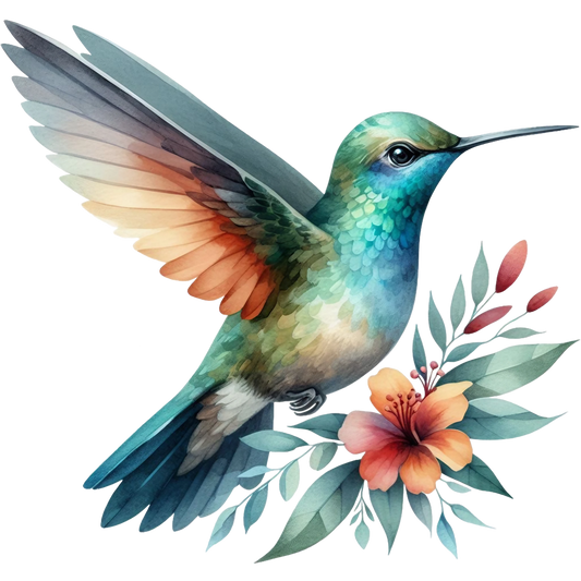 Watercolor Hummingbird Floral Fabric Panel 12