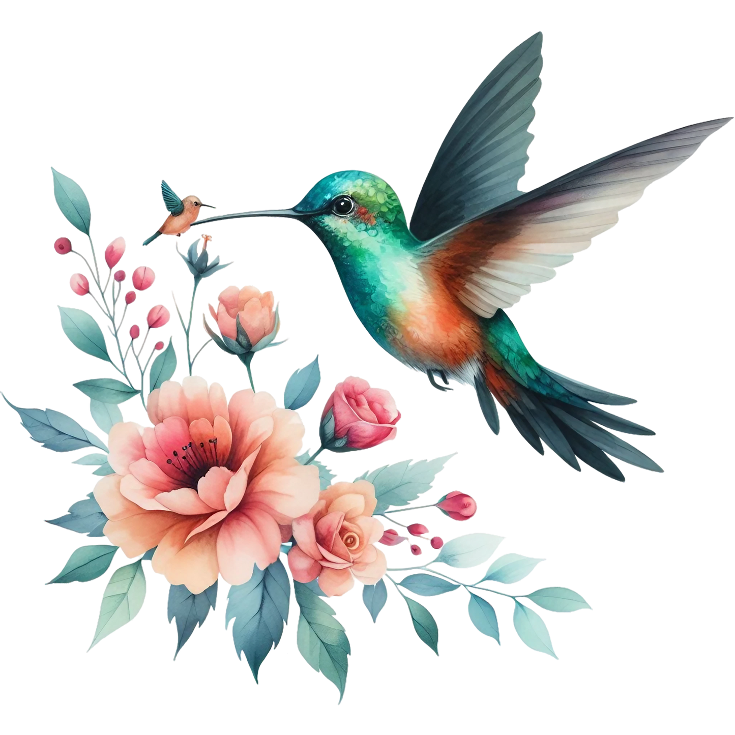 Watercolor Hummingbird Floral Fabric Panel 13