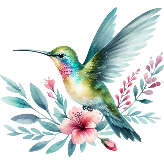 Watercolor Hummingbird Floral Fabric Panel 14