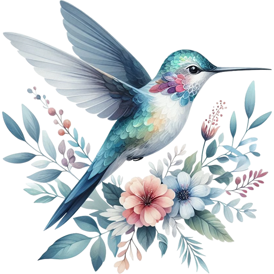 Watercolor Hummingbird Floral Fabric Panel 15