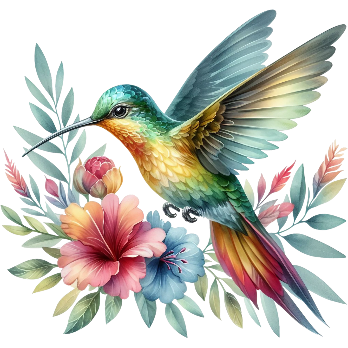 Watercolor Hummingbird Floral Fabric Panel 16