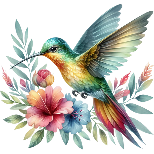 Watercolor Hummingbird Floral Fabric Panel 16