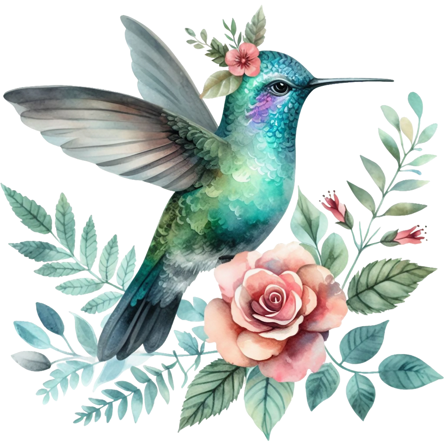 Watercolor Hummingbird Floral Fabric Panel 17