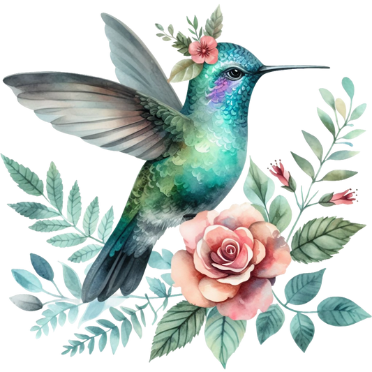 Watercolor Hummingbird Floral Fabric Panel 17