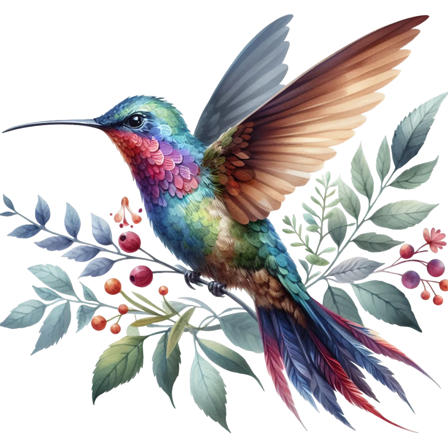 Watercolor Hummingbird Floral Fabric Panel 18