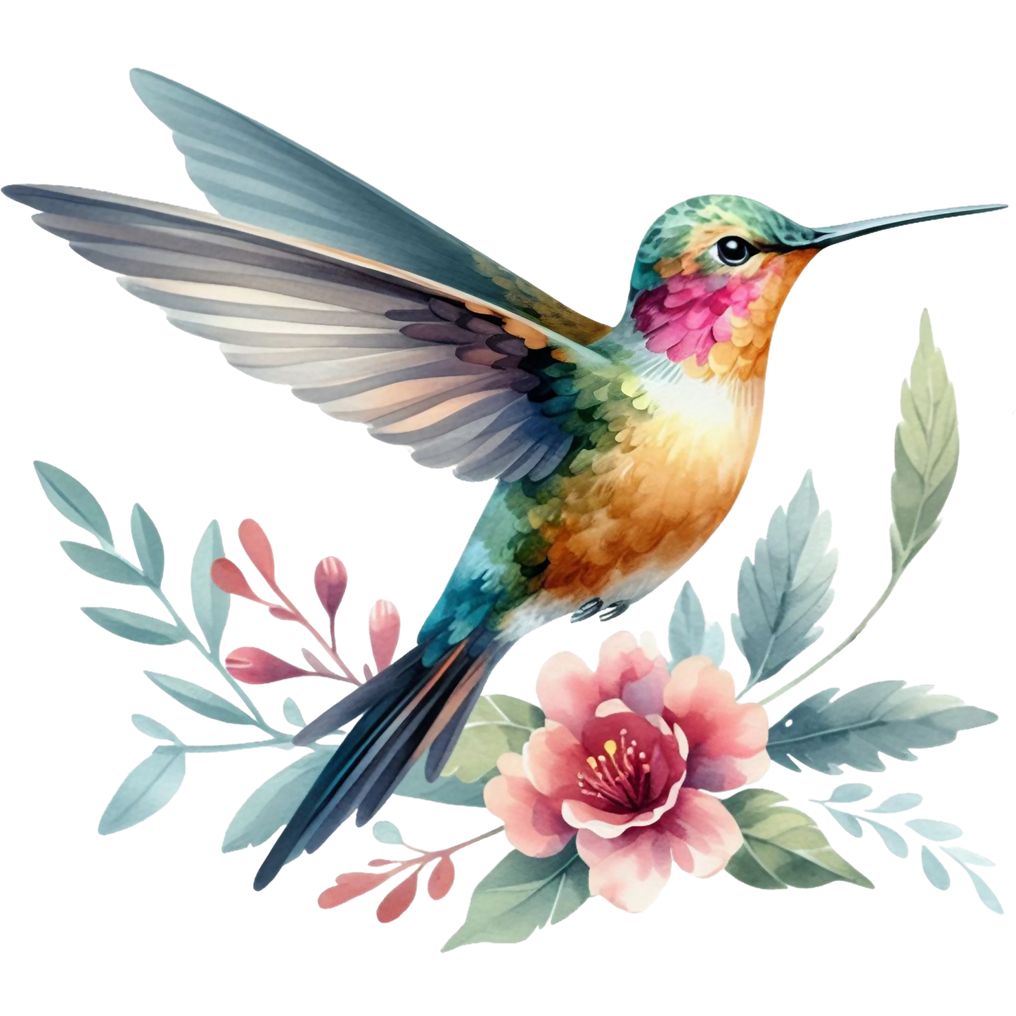 Watercolor Hummingbird Floral Fabric Panel 19