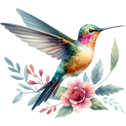 Watercolor Hummingbird Floral Fabric Panel 19