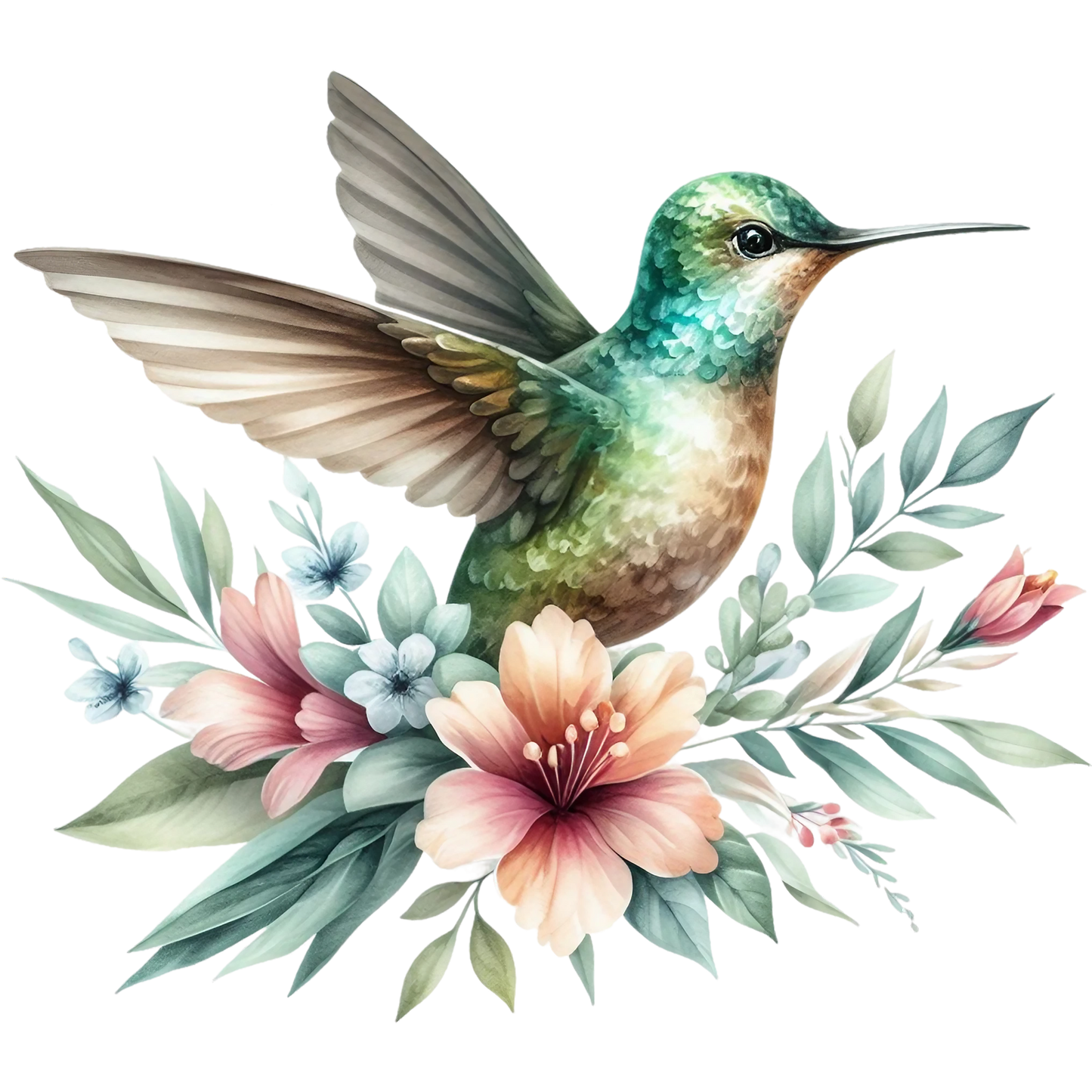 Watercolor Hummingbird Floral Fabric Panel 2