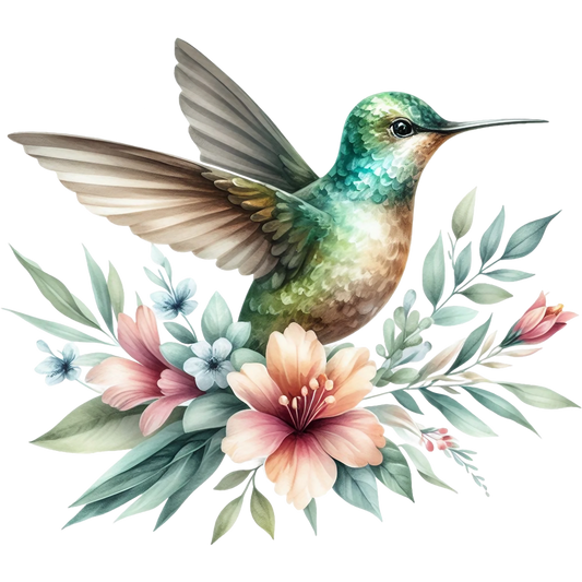 Watercolor Hummingbird Floral Fabric Panel 2