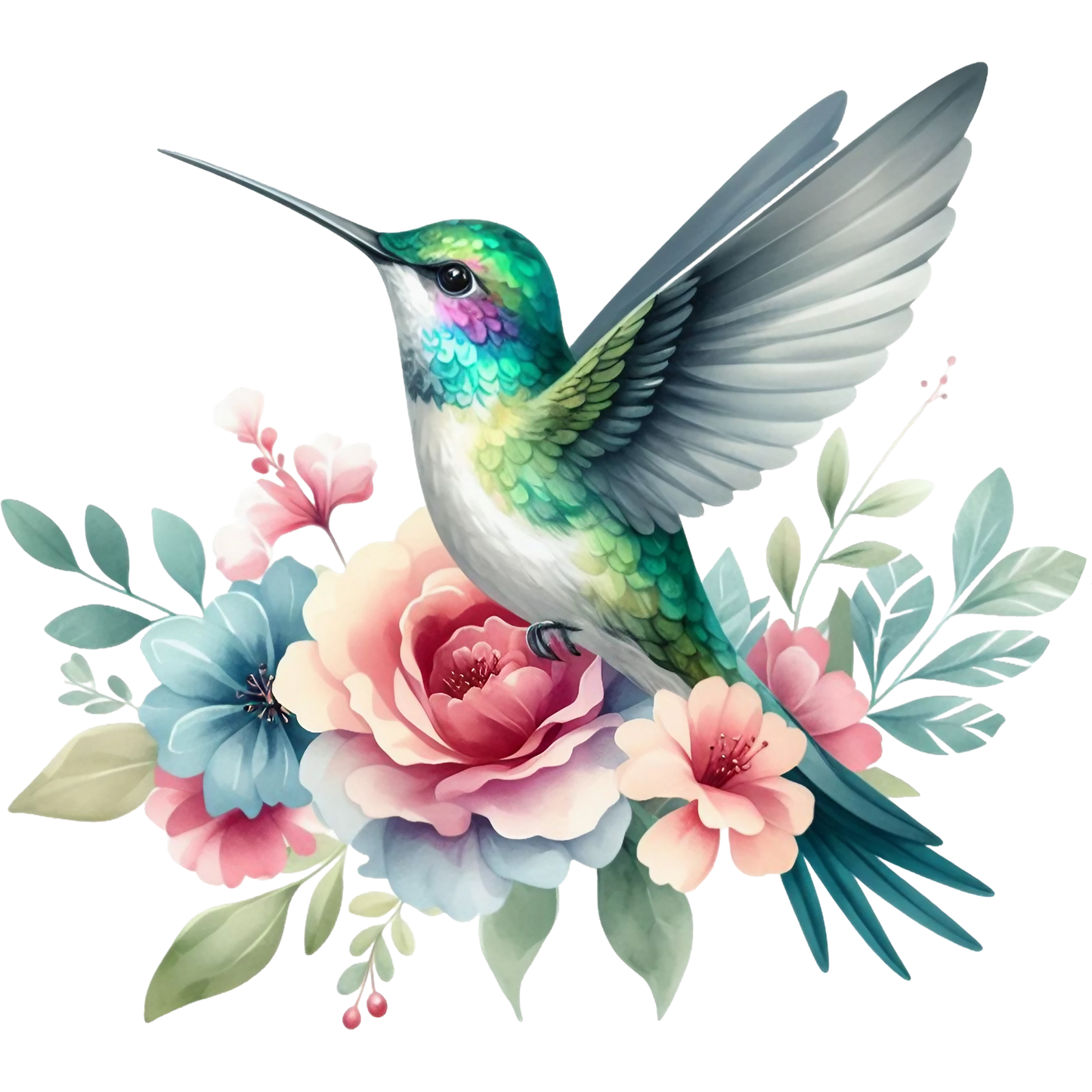 Watercolor Hummingbird Floral Fabric Panel 20