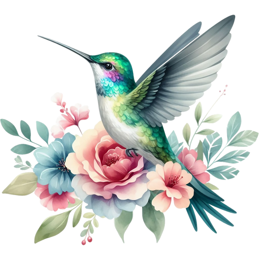 Watercolor Hummingbird Floral Fabric Panel 20