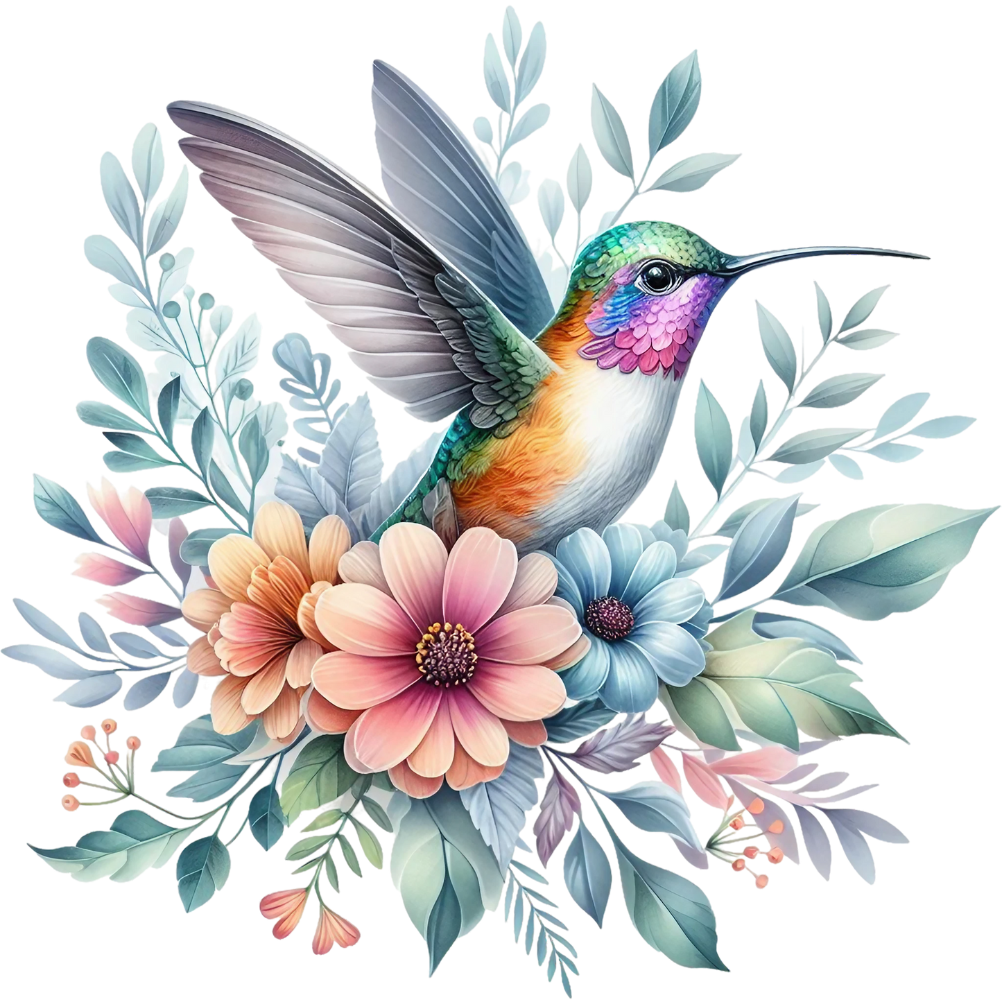 Watercolor Hummingbird Floral Fabric Panel 22