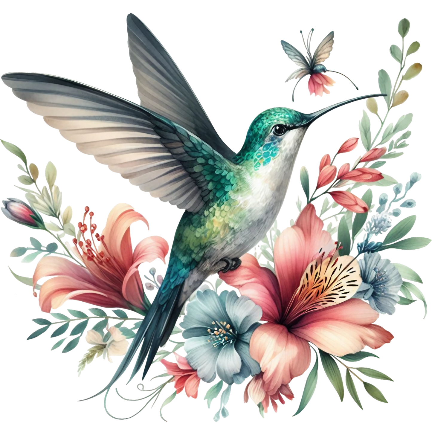 Watercolor Hummingbird Floral Fabric Panel 23