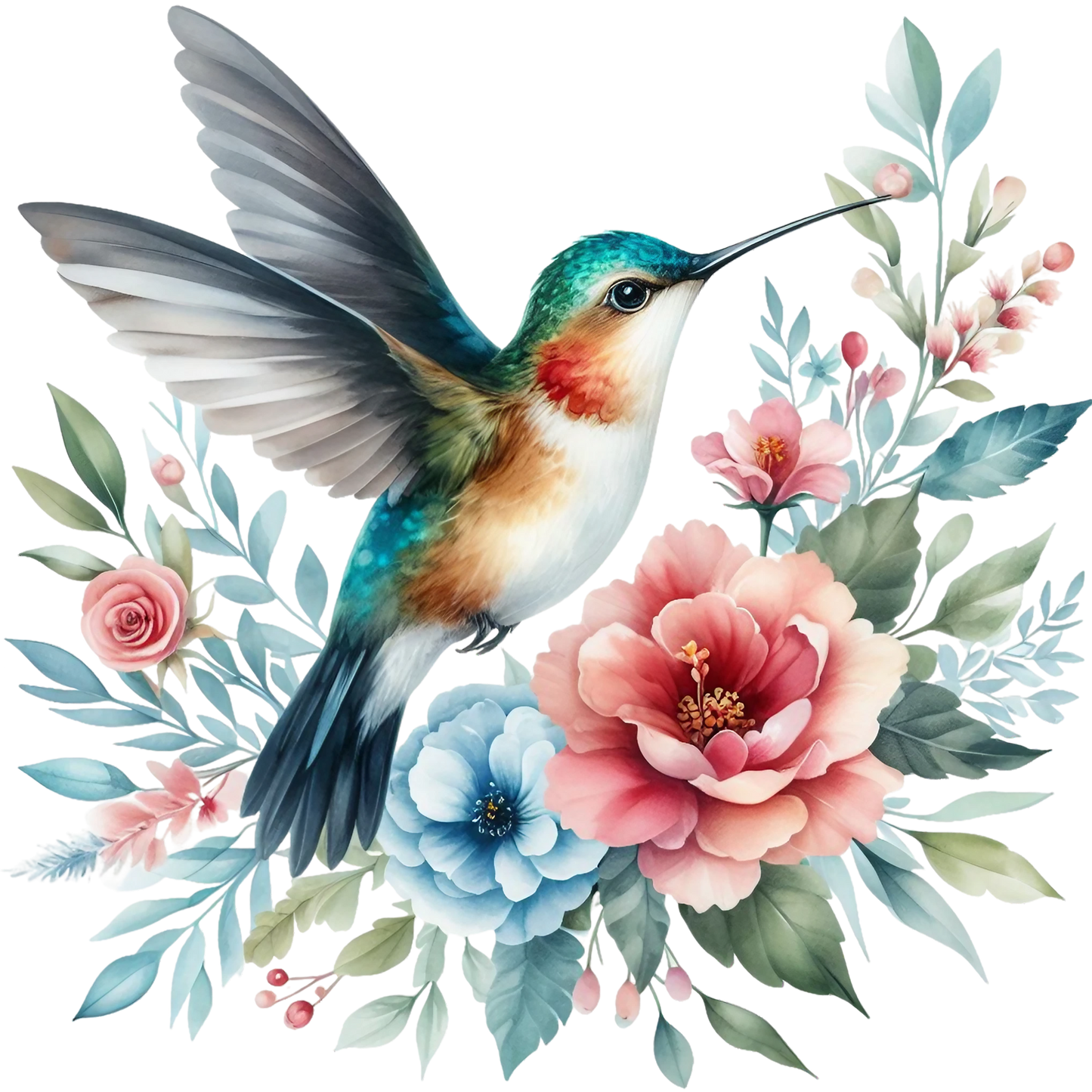 Watercolor Hummingbird Floral Fabric Panel 24